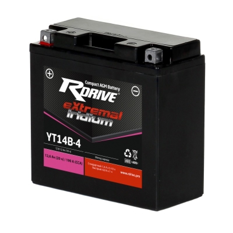 Аккумулятор RDRIVE EXTREMAL IRIDIUM YT14B-4 12.6Ач 12В 190А обратная полярность (0)