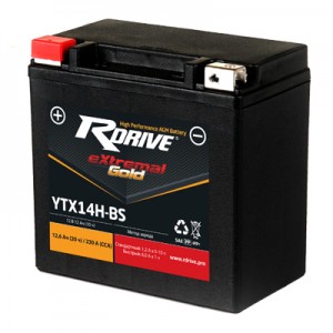 Аккумулятор RDRIVE EXTREMAL GOLD YTX14H 12.6Ач 12В 230А обратная полярность (0)