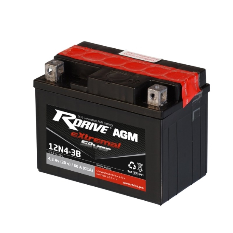 Аккумулятор RDRIVE EXTREMAL SILVER 12N4-3B 4Ач 12В 4Ач60А прямая полярность (1)