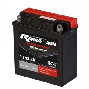 Аккумулятор RDRIVE EXTREMAL SILVER 12N5-3B 5.3Ач 12В 75А прямая полярность (1)