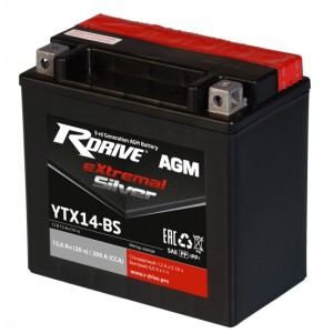 Аккумулятор RDRIVE EXTREMAL SILVER YTX14-BS 12.6Ач 12В 200А прямая полярность (1)
